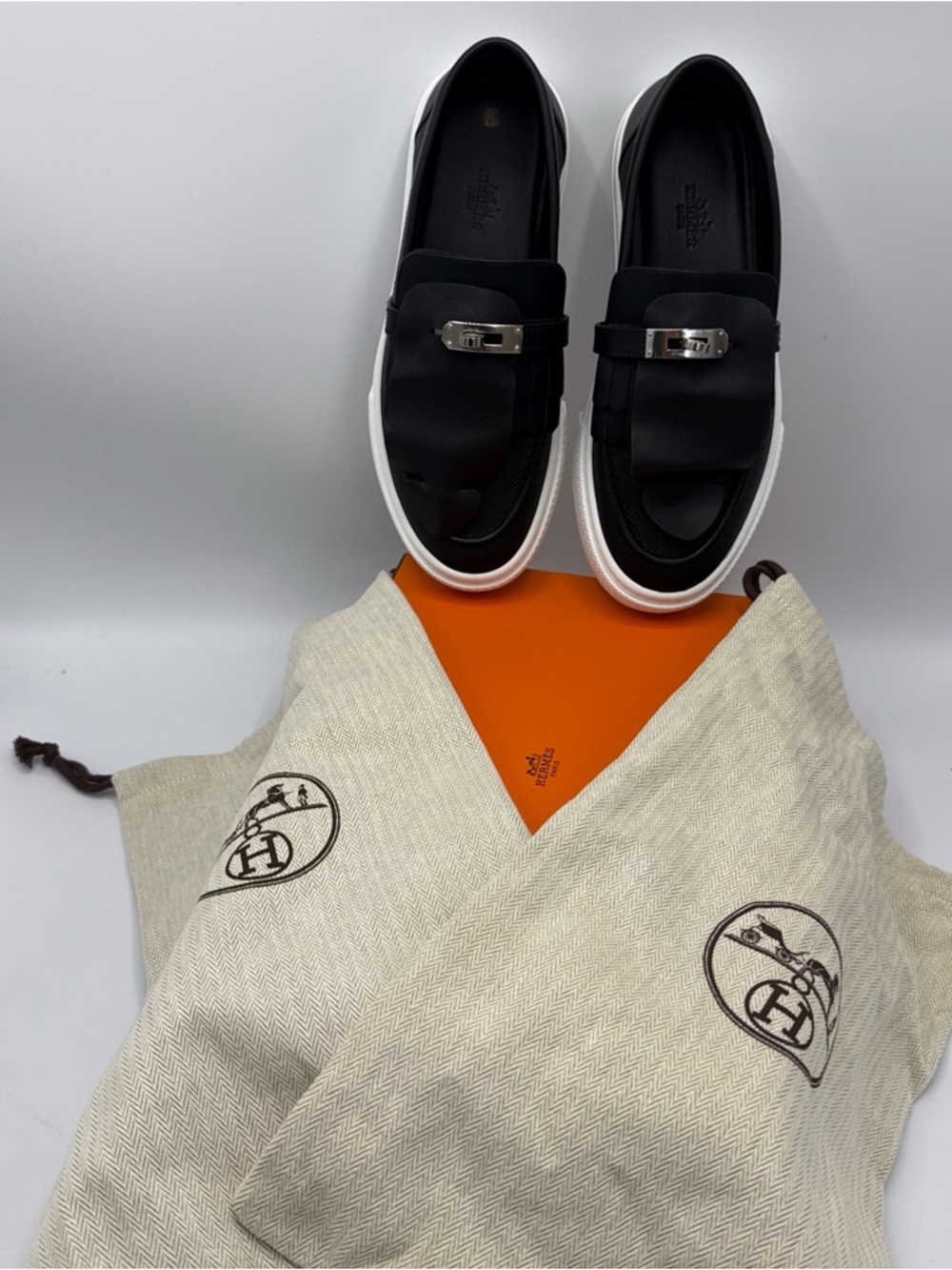 NWB HERMES Epsom Calfskin Game Slip On Fringe Sneakers 37.5 Black - Picture 12 of 12